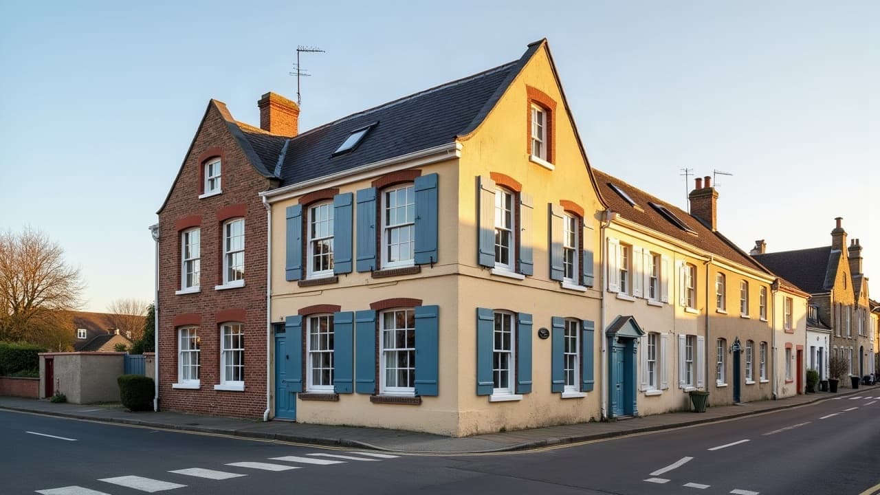 Angle d’une maison calaisienne où enduit clair et briques rouge et jaune se rejoignent, aucune personne visible