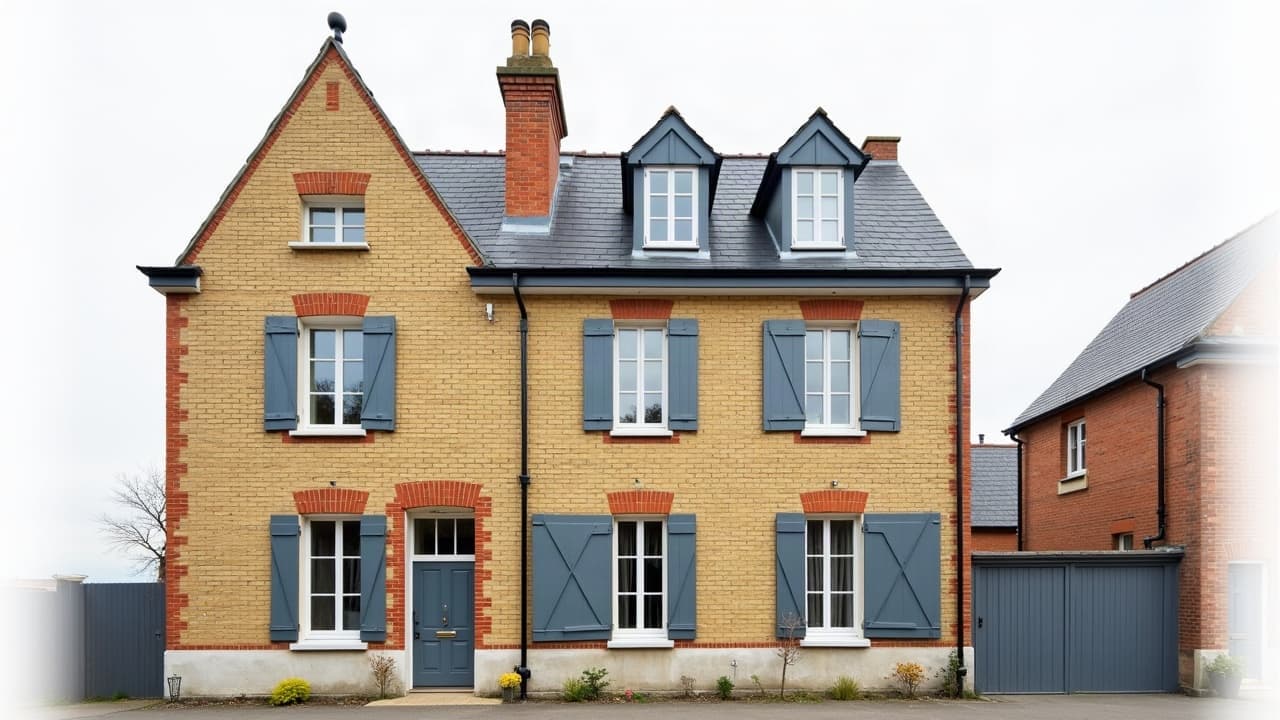 Maison de ville en brique rouge aux volets bleu-gris dans une rue calme de Calais, aucune personne visible