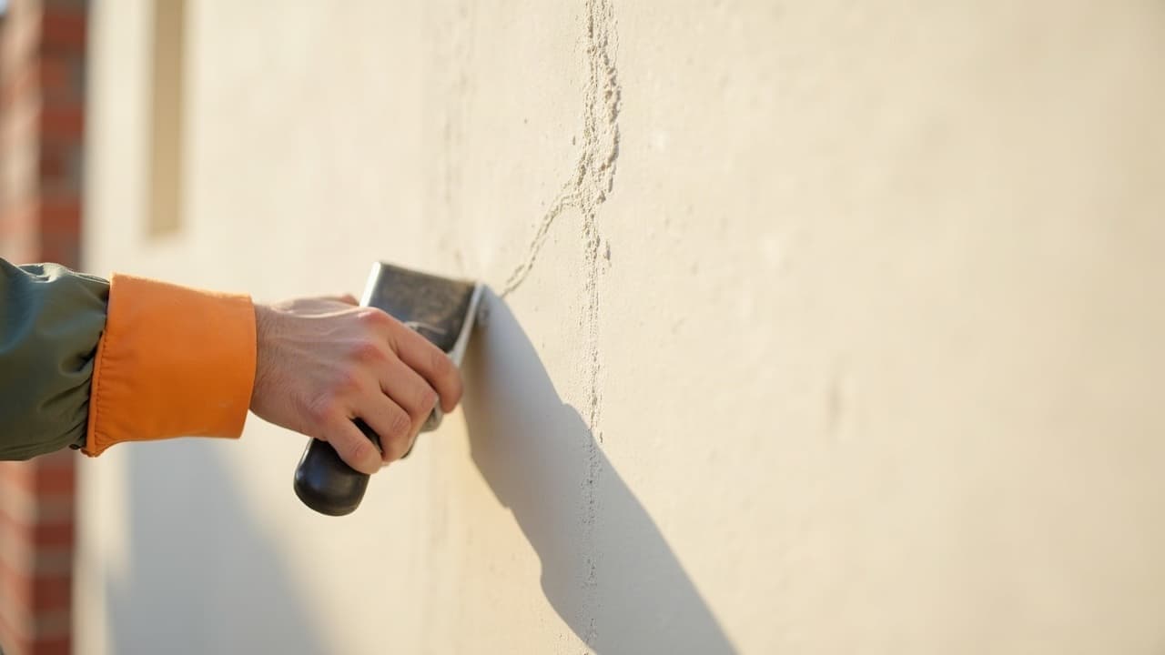 Un geste de finition à la truelle sur un enduit de façade lisse et sain à Calais, une seule main visible