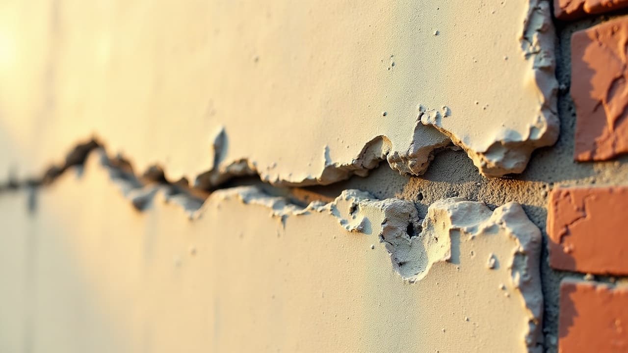 Fissure profonde dans un enduit de façade avant traitement hydrofuge, aucune personne visible