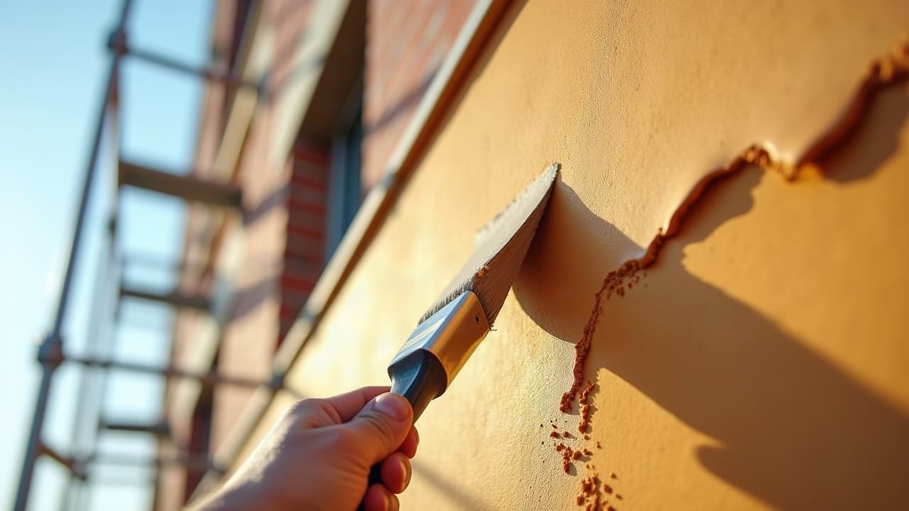 Une seule main appliquant une finition à la spatule sur un enduit ocre, échafaudage propre en arrière-plan, aucune autre personne visible