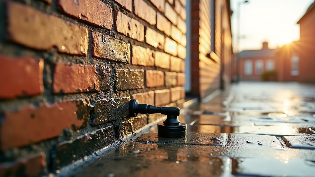 Buse de nettoyeur haute pression posée au pied d'un mur de brique humide après un nettoyage de façade à Calais, aucune personne visible