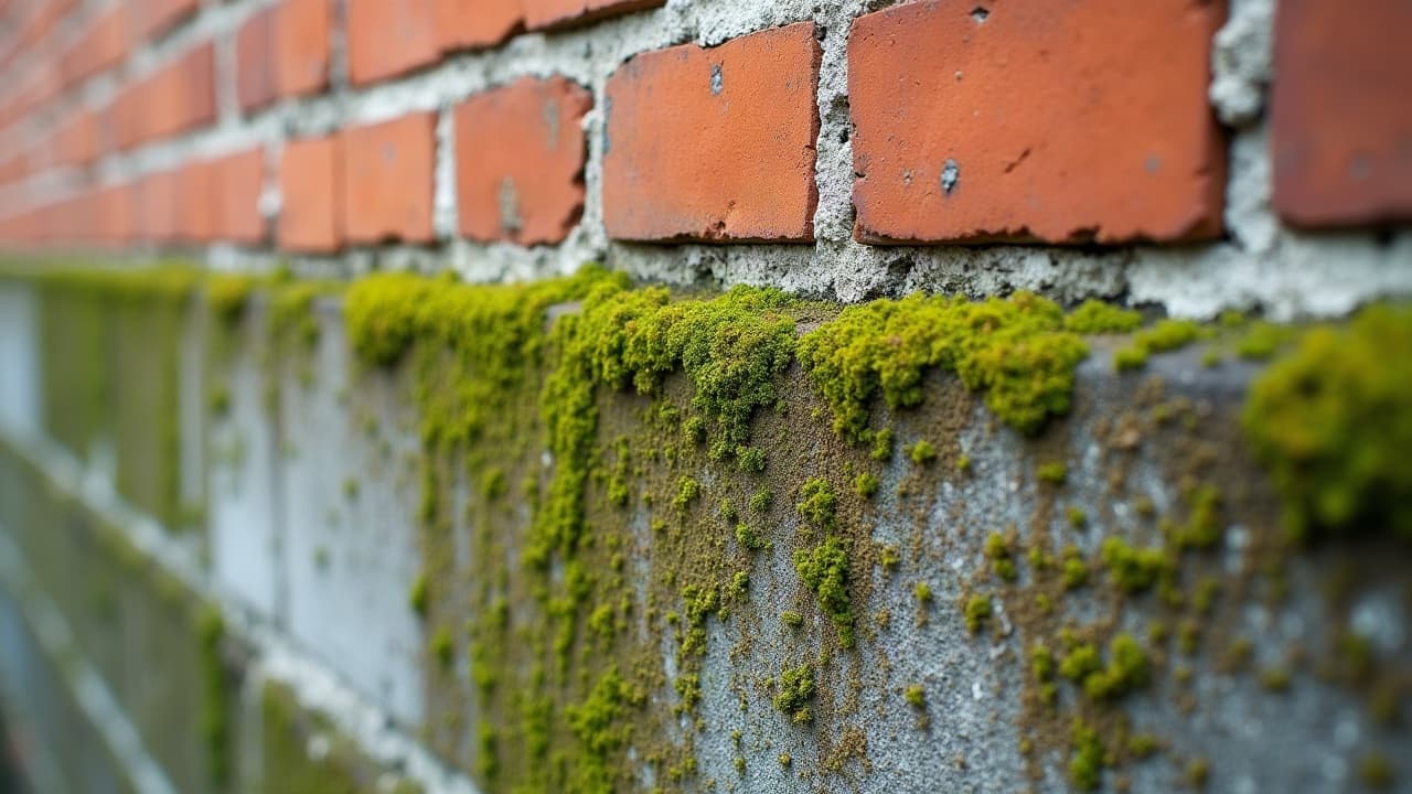 Mousses et lichens sur un mur de brique avant nettoyage de façade à Calais, aucune personne visible