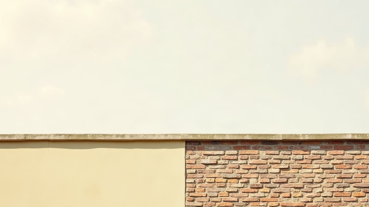 Façade où un mur enduit clair et un mur de brique se rejoignent, sous un ciel dégagé