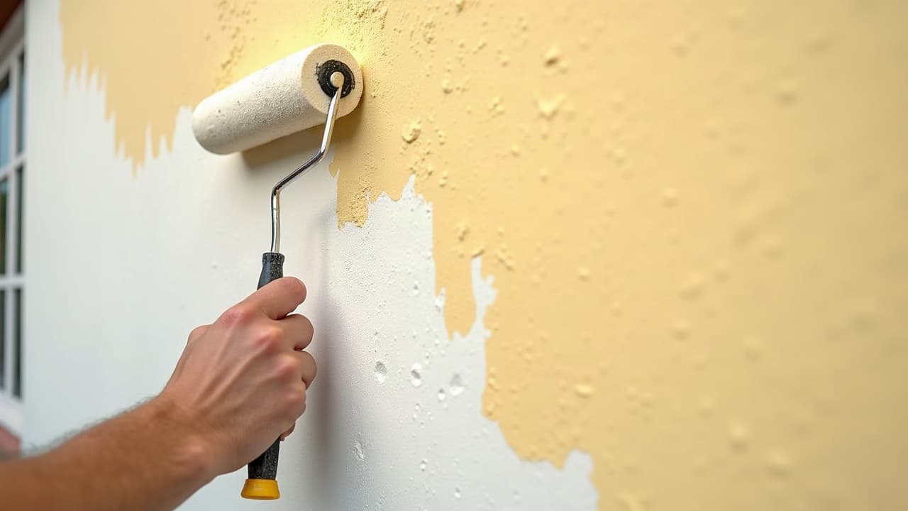 Une main appliquant une peinture claire au rouleau sur un enduit de façade sain à Calais, une seule main visible
