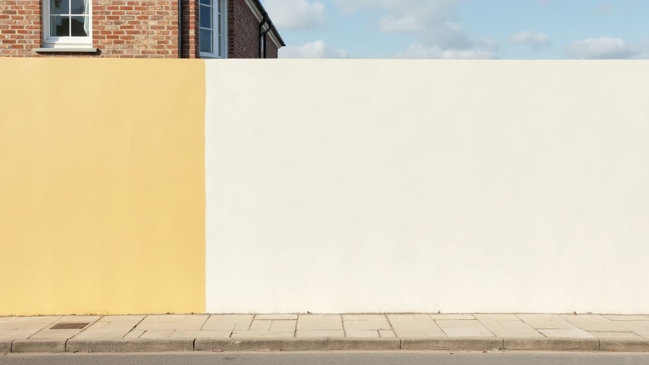 Façade calaisienne fraîchement repeinte en deux teintes claires, mur d'enduit uniforme