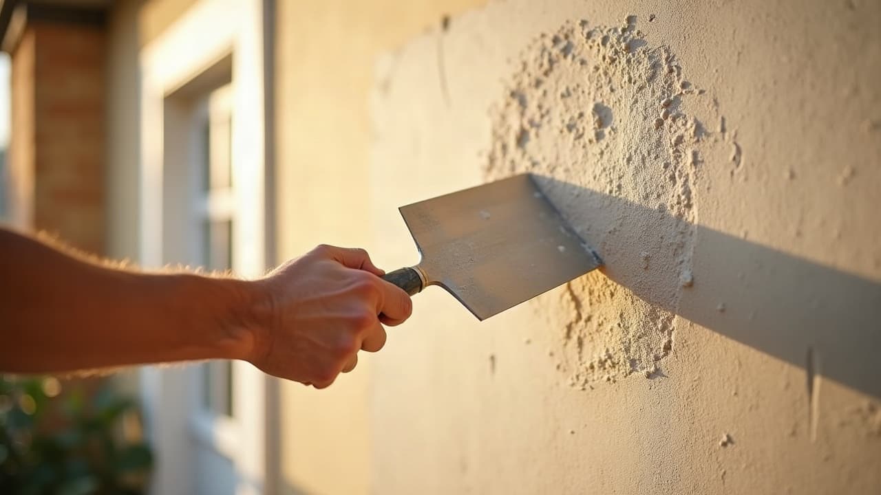 Une main étalant un enduit à la chaux fraîchement appliqué à la taloche sur une façade en cours de ravalement à Calais, une seule main visible