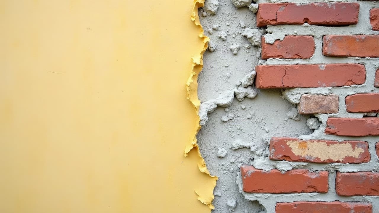 Ancien enduit fissuré et décollé laissant apparaître la brique, avant ravalement de façade, aucune personne visible