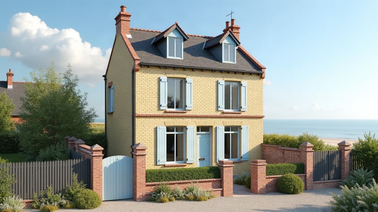 Villa en brique claire à un étage avec lucarnes et volets bleu-gris, jardin clos et vue sur la mer en arrière-plan, aucune personne visible