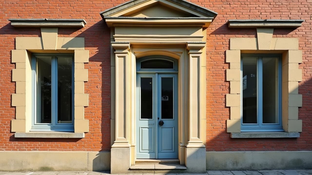 Encadrement de porte en pierre claire sculptée sur une façade en brique du secteur protégé de Calais, porte peinte en bleu, aucune personne visible