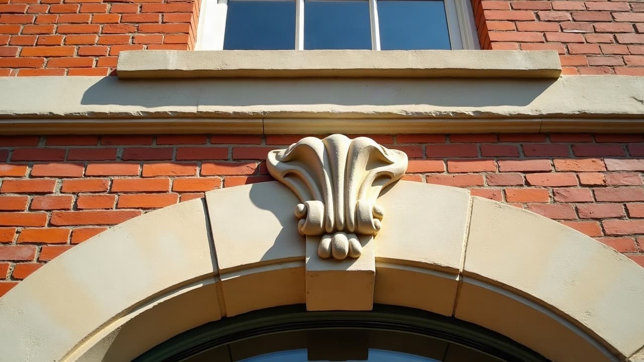 Corniche en pierre sculptée au-dessus d'une fenêtre, façade en brique du secteur protégé de Calais, aucune personne visible