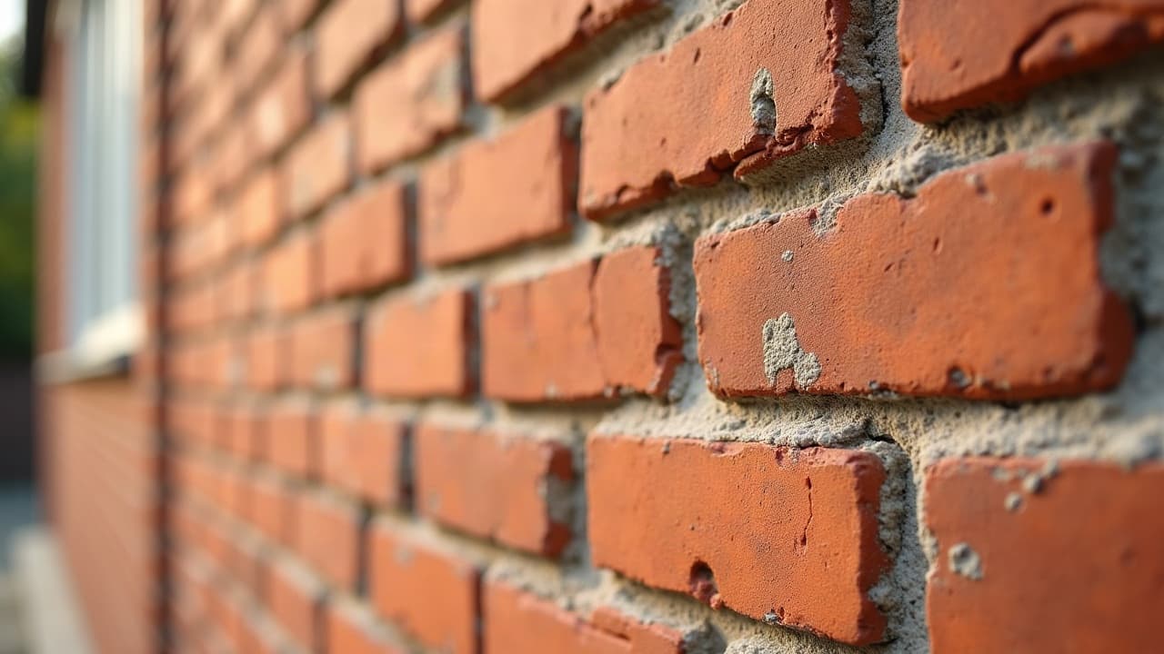 Mur de brique rouge avec joints de mortier à reprendre, rénovation de façade en brique à Calais, aucune personne visible