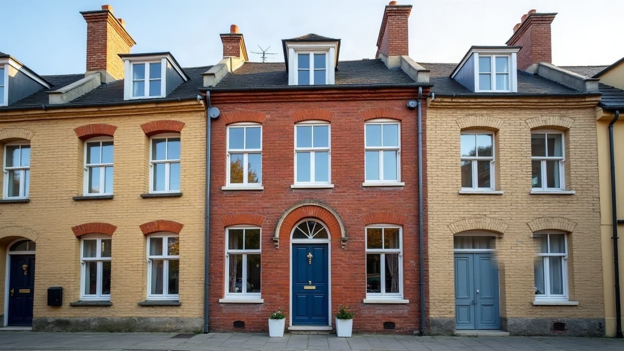 Maison de ville en brique rouge rejointoyée à Calais, porte bleu marine sous imposte en éventail, façades voisines en brique jaune de part et d'autre, aucune personne visible
