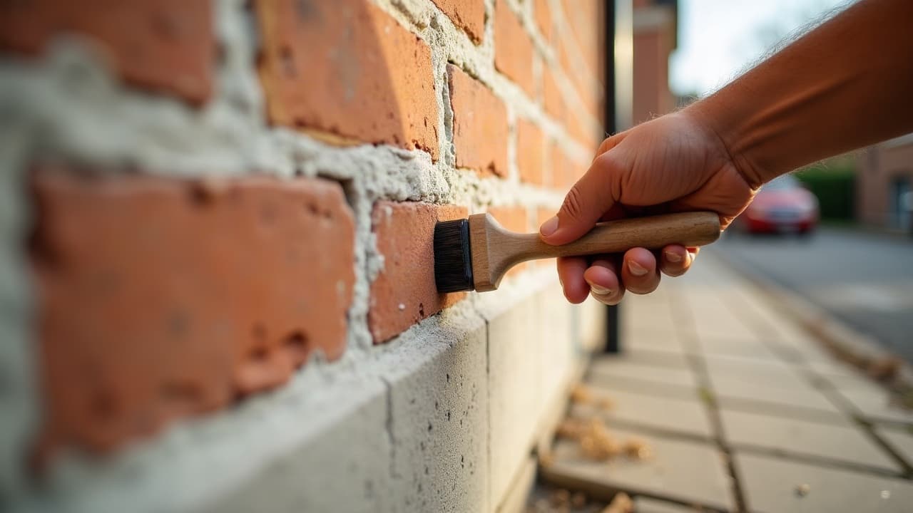 Une main appliquant un traitement contre les remontées d'humidité en pied de mur, brique fraîchement rejointoyée, une seule main visible