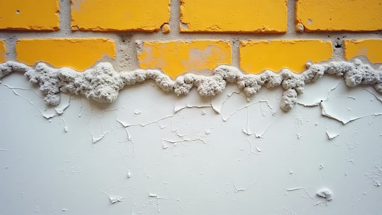 Dépôts de salpêtre blanchâtre en pied de mur, enduit décollé par plaques, aucune personne visible