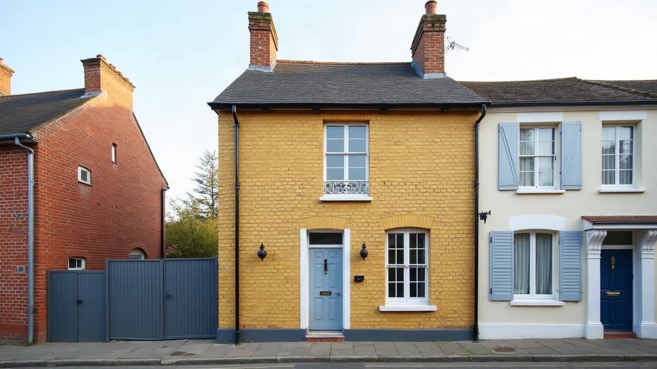 Petite maison en brique jaune à Calais, pied de mur sec et sain, porte bleue, façade voisine en brique rouge en arrière-plan, aucune personne visible