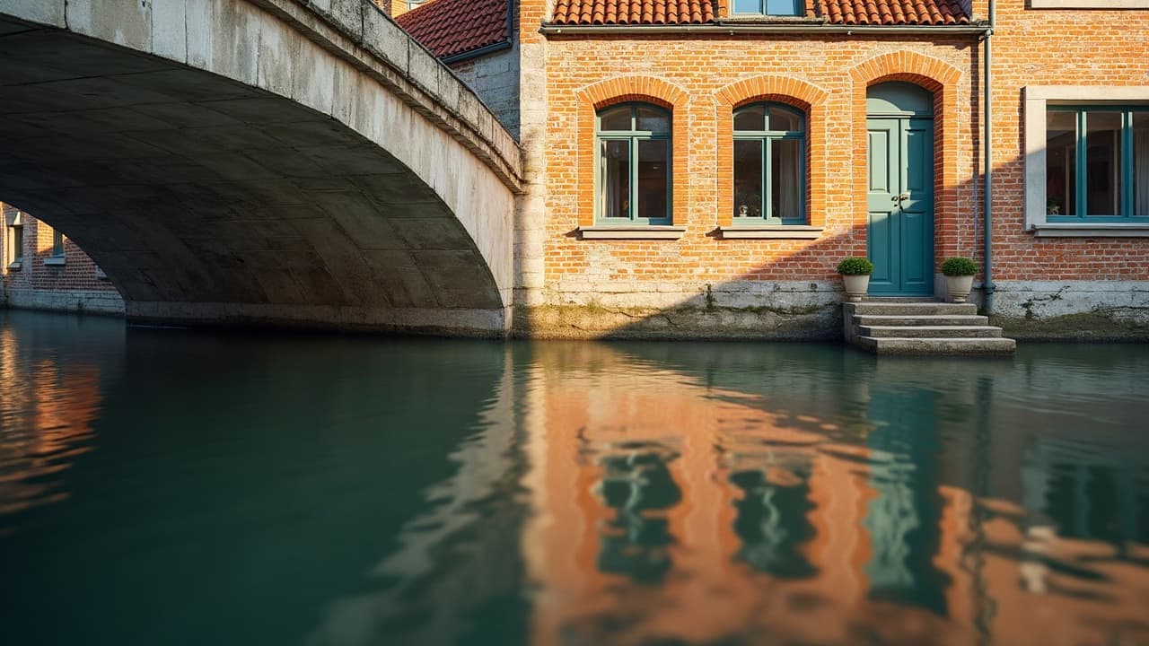 Maison en brique au bord du canal à Ardres, reflet sous un pont ancien, aucune personne visible
