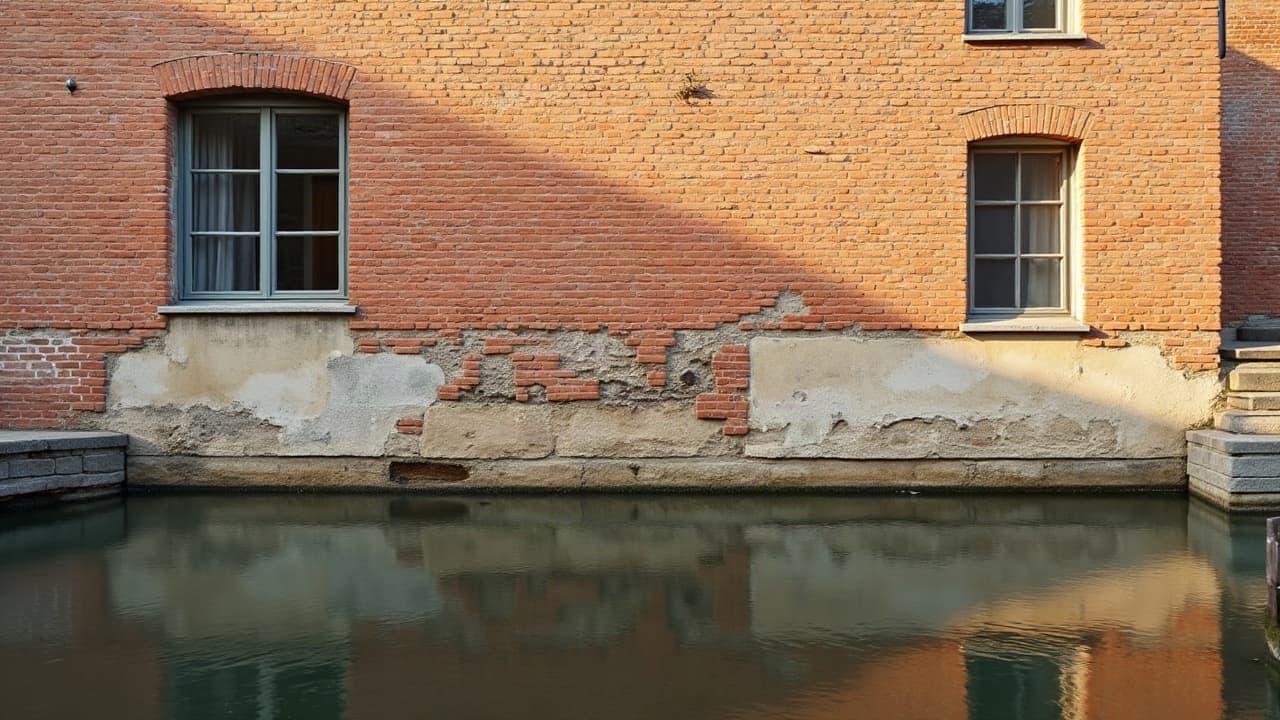 Maisons de bourg en brique ancienne le long du canal de Calais à Ardres, aucune personne visible