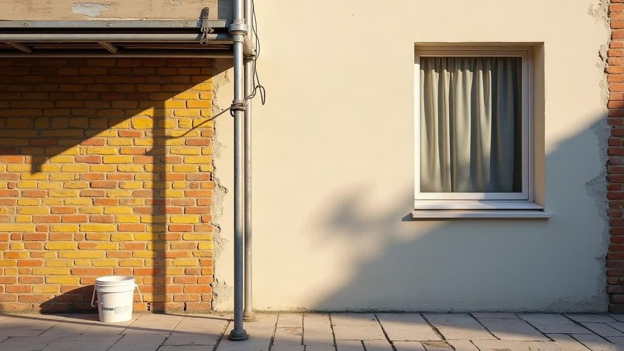 Échafaudage contre une façade en cours de ravalement à Coulogne, enduit frais et brique nue côte à côte, aucune personne visible