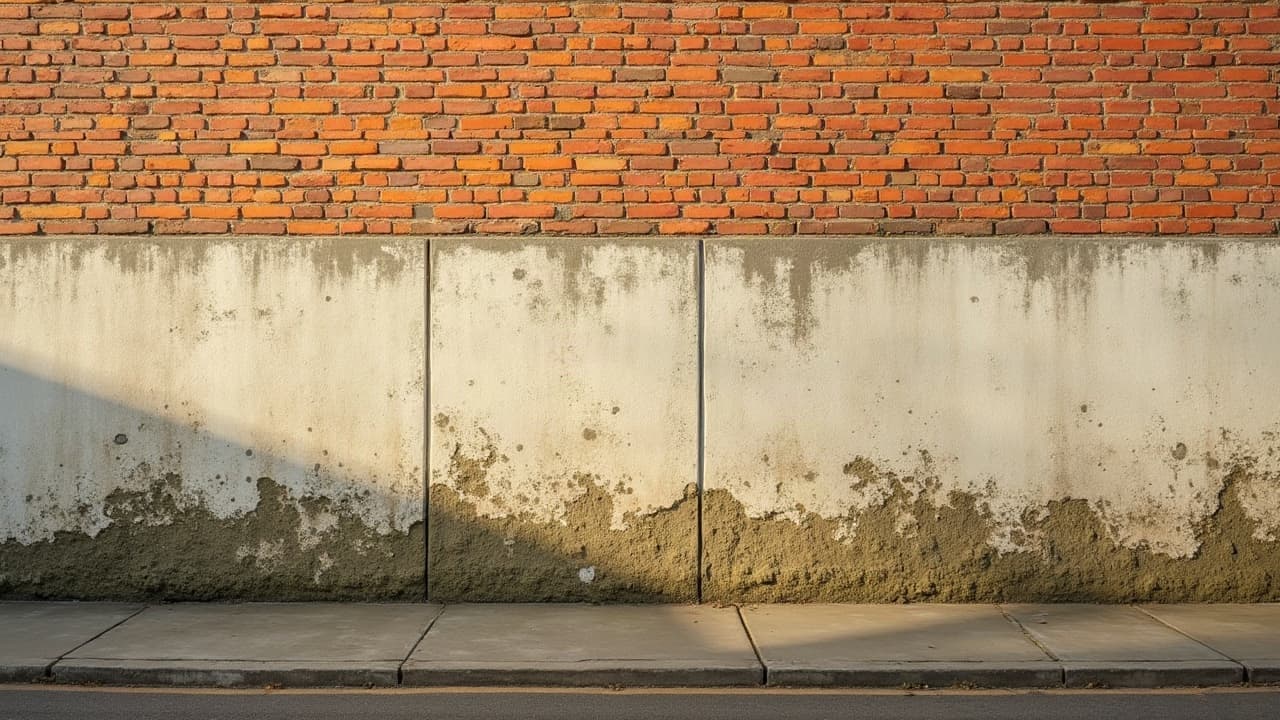 Façade en brique où une bande nettoyée contraste avec une zone marquée par la mousse, aucune personne visible