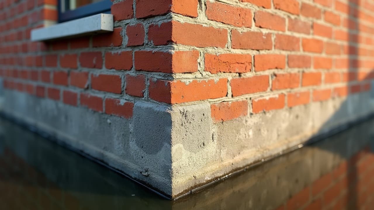 Angle d'un mur de brique fraîchement rejointoyé près d'une maison au bord du canal à Ardres, aucune personne visible