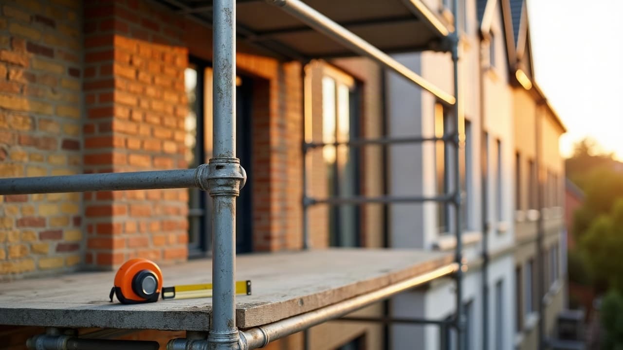 Échafaudage installé devant une façade en brique à Guînes avant une visite sur place, outils posés au sol, aucune personne visible