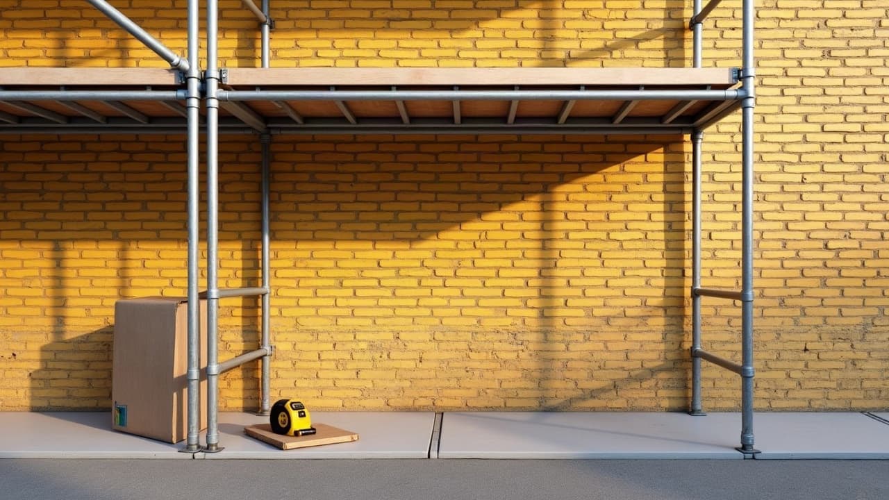 Échafaudage monté devant un mur de brique, outils de mesure posés au sol avant la visite, aucune personne visible