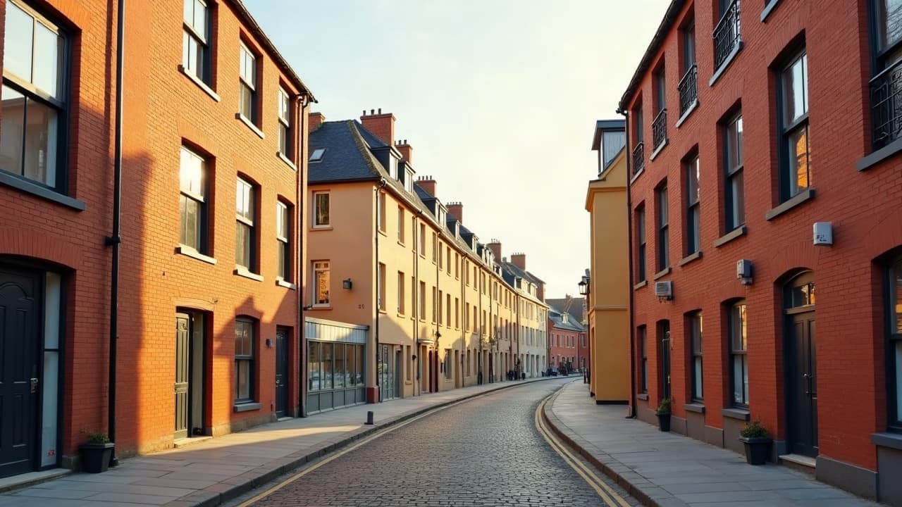 Rue du quartier du Courgain à Calais, façades en brique et enduit de teintes variées, aucune personne visible