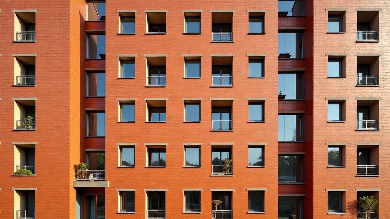 Immeubles calaisiens en brique rouge-orangée de style néo-flamand de la reconstruction, quartier du Courgain maritime, aucune personne visible