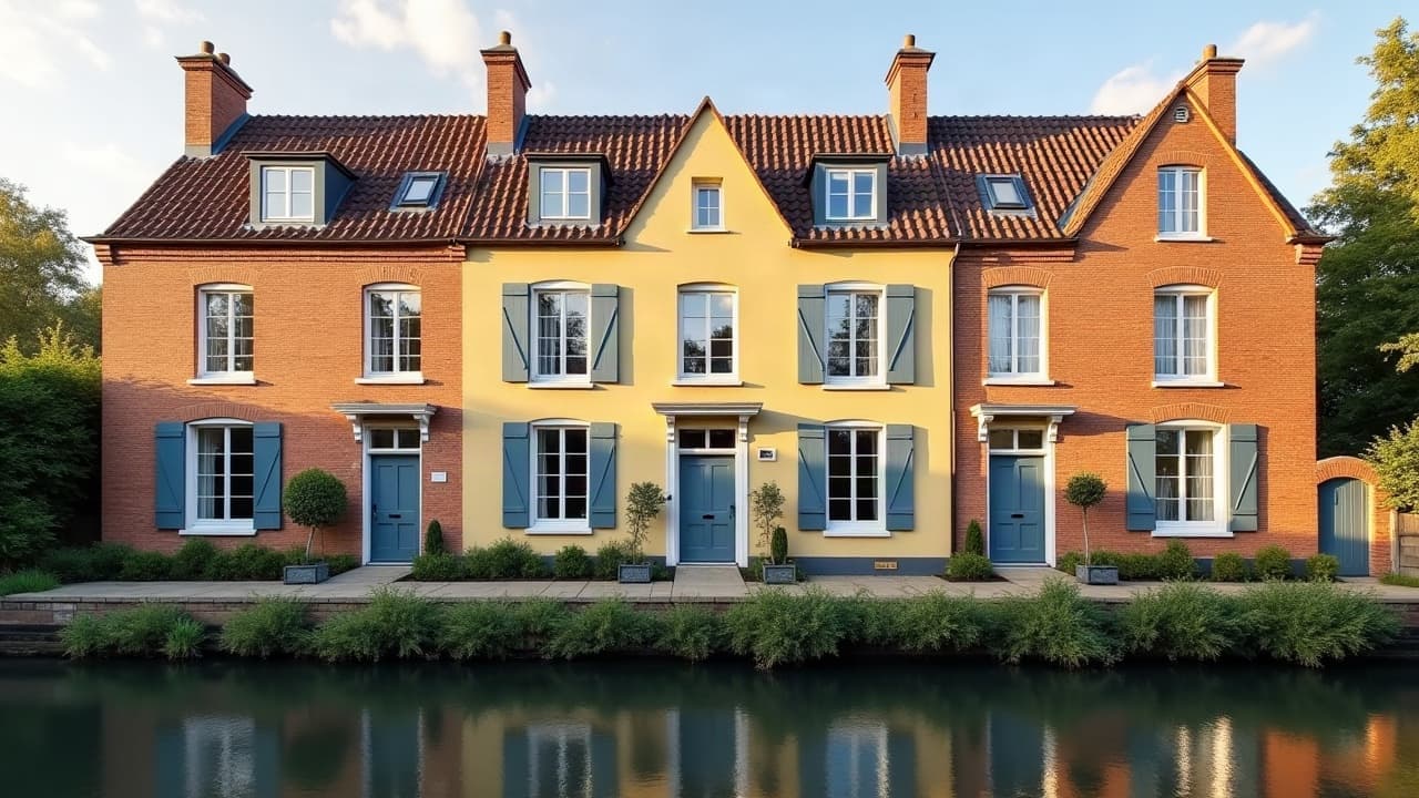 Rangée de maisons en brique et enduit reflétées dans le canal à Coulogne, aucune personne visible