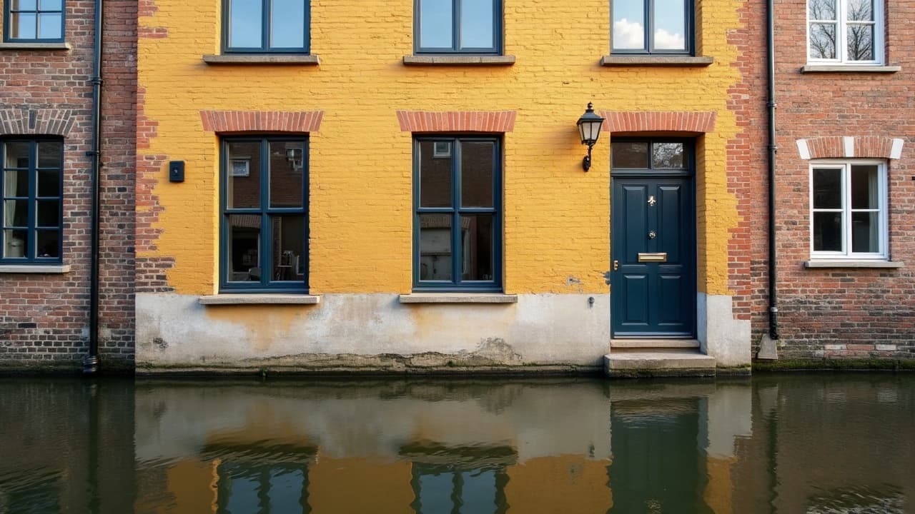 Canal de Calais bordé de pavillons à Coulogne, eau calme, aucune personne visible