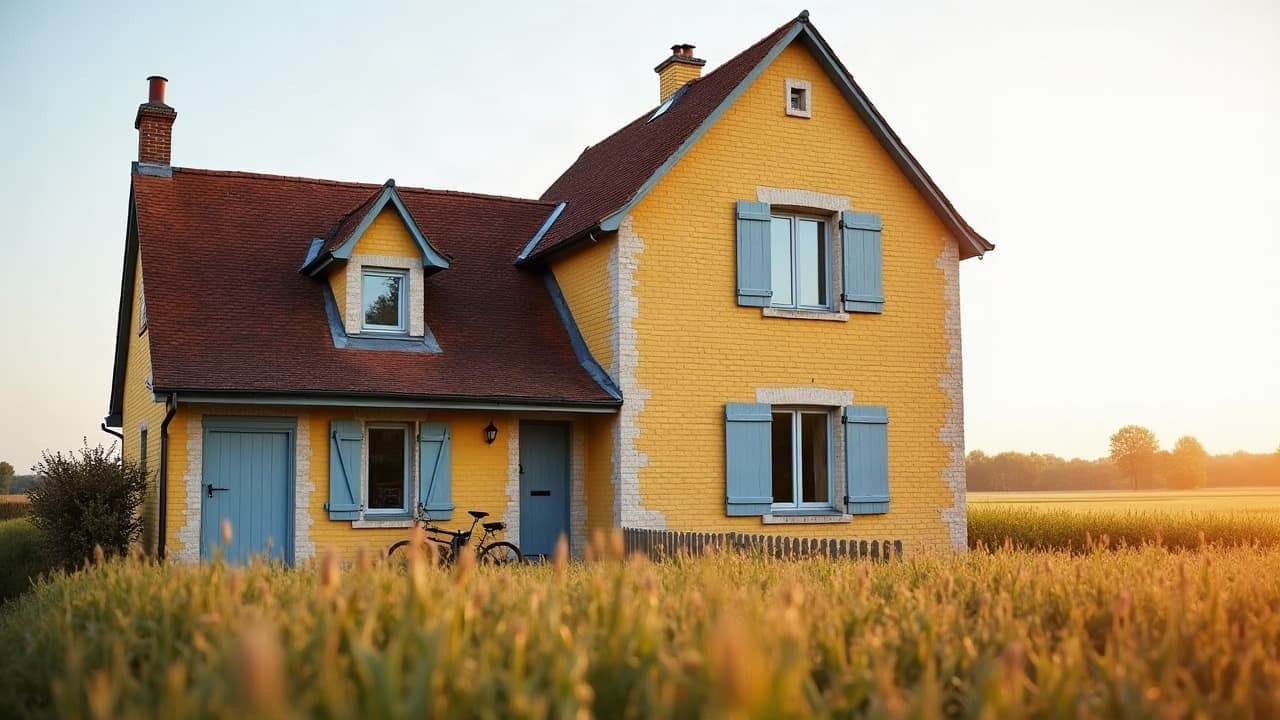 Ferme en brique jaune aux volets bleu-gris dans les terres agricoles de Fréthun, aucune personne visible