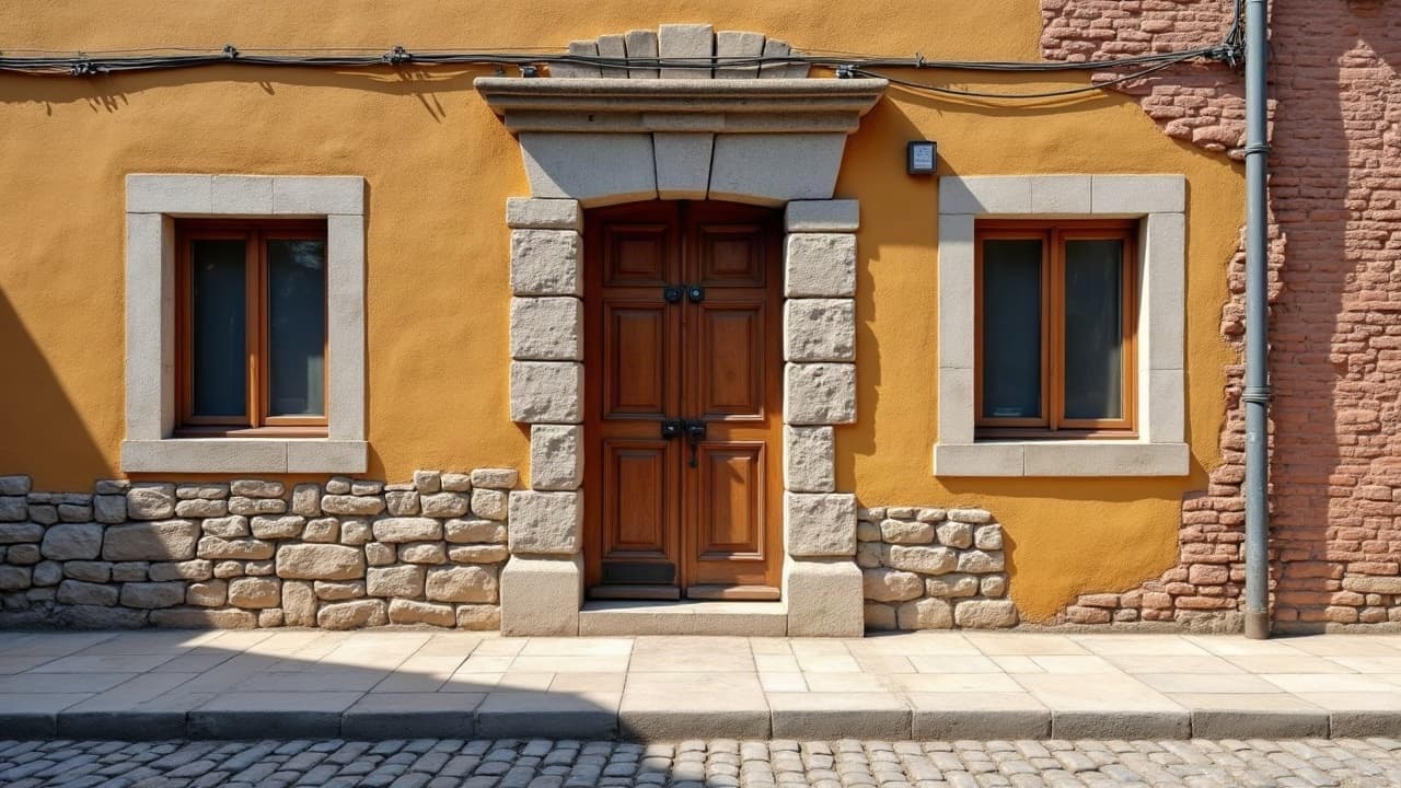 Façade ocre à l'encadrement de porte en pierre sur une petite place à Guînes, aucune personne visible