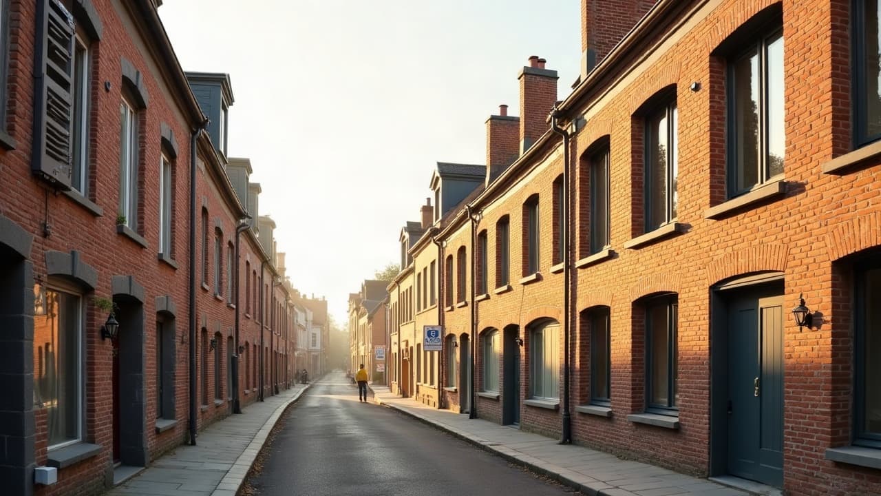 Rue étroite bordée de façades en brique jaune et rouge de style néo-flamand, aucune personne visible