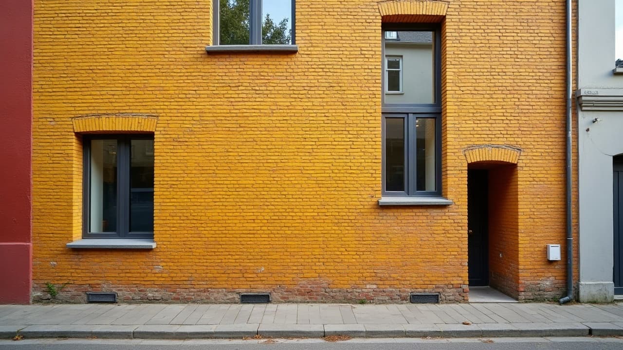 Rangée de façades en brique jaune et rouge de style néo-flamand, aucune personne visible