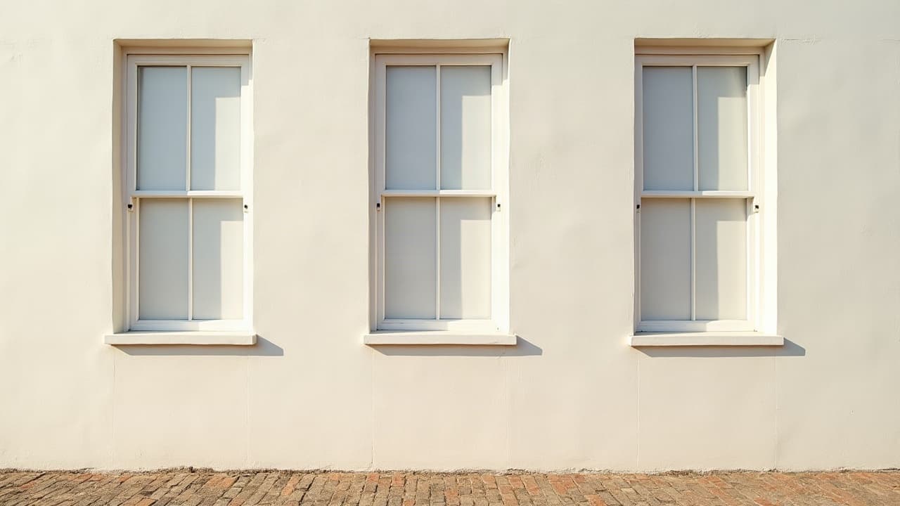 Façade côtière en enduit clair, hautes fenêtres et volets, ciel changeant, aucune personne visible