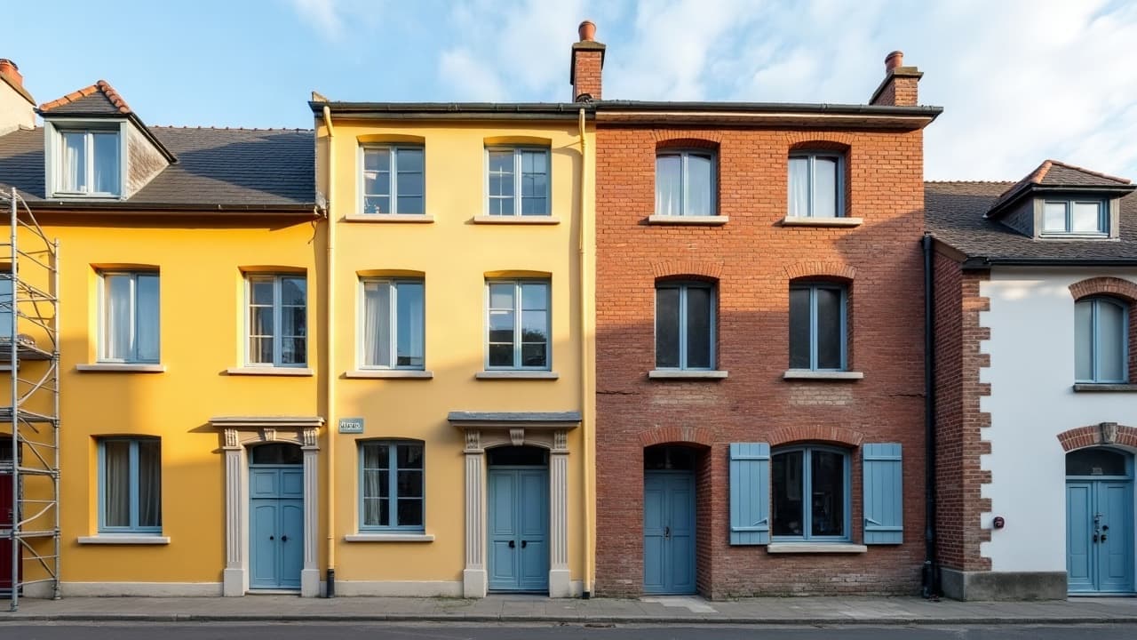 Façade du quartier portuaire de Calais à moitié ravalée, échafaudage contre la partie en brique encore nue, aucune personne visible