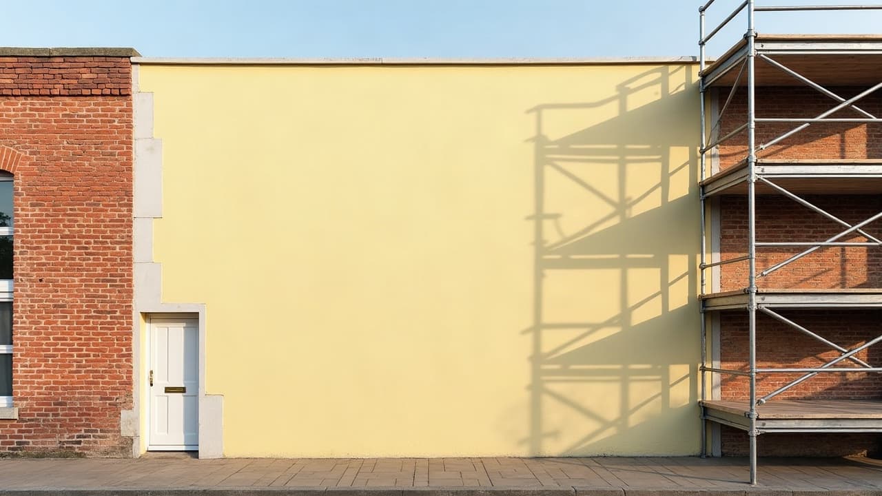 Façade mixte brique et enduit sous échafaudage, quartier portuaire de Calais, aucune personne visible