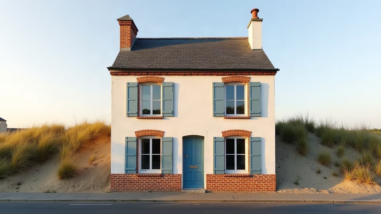 Maison enduite avec soubassement en brique dans un quartier résidentiel de Marck, terres agricoles en arrière-plan, aucune personne visible