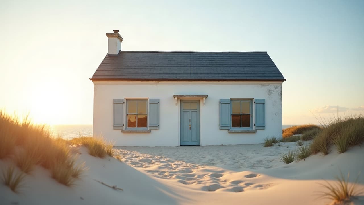 Villa en bord de mer à Sangatte, toiture à cheminée et volets bleu-gris, dunes en avant-plan, aucune personne visible