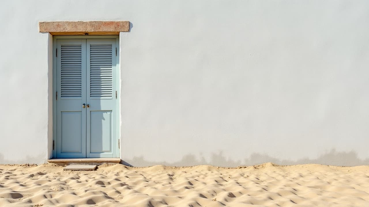 Façade de villa en bord de mer à Sangatte, plage et ciel venteux en arrière-plan, aucune personne visible
