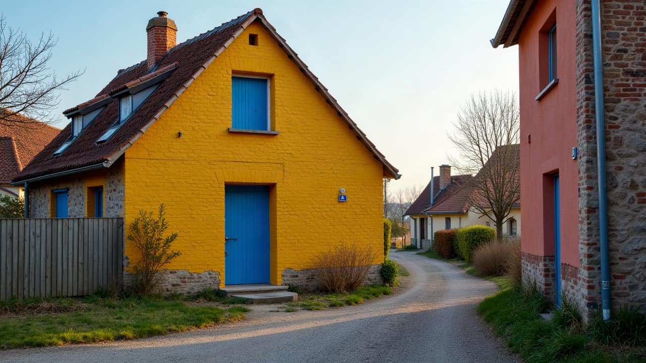Échafaudage installé à l'arrière d'une maison, accès par un passage latéral étroit