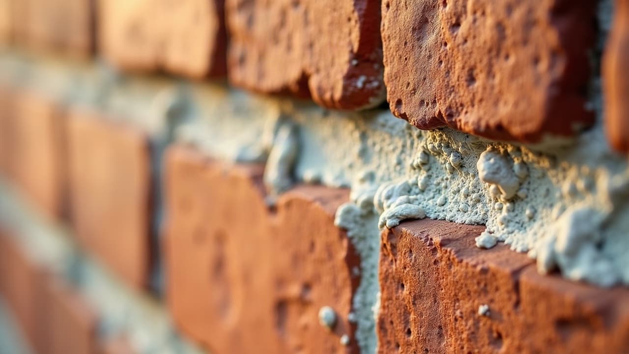 Rejointoiement d'un mur en brique en cours, mortier de chaux fraîchement appliqué