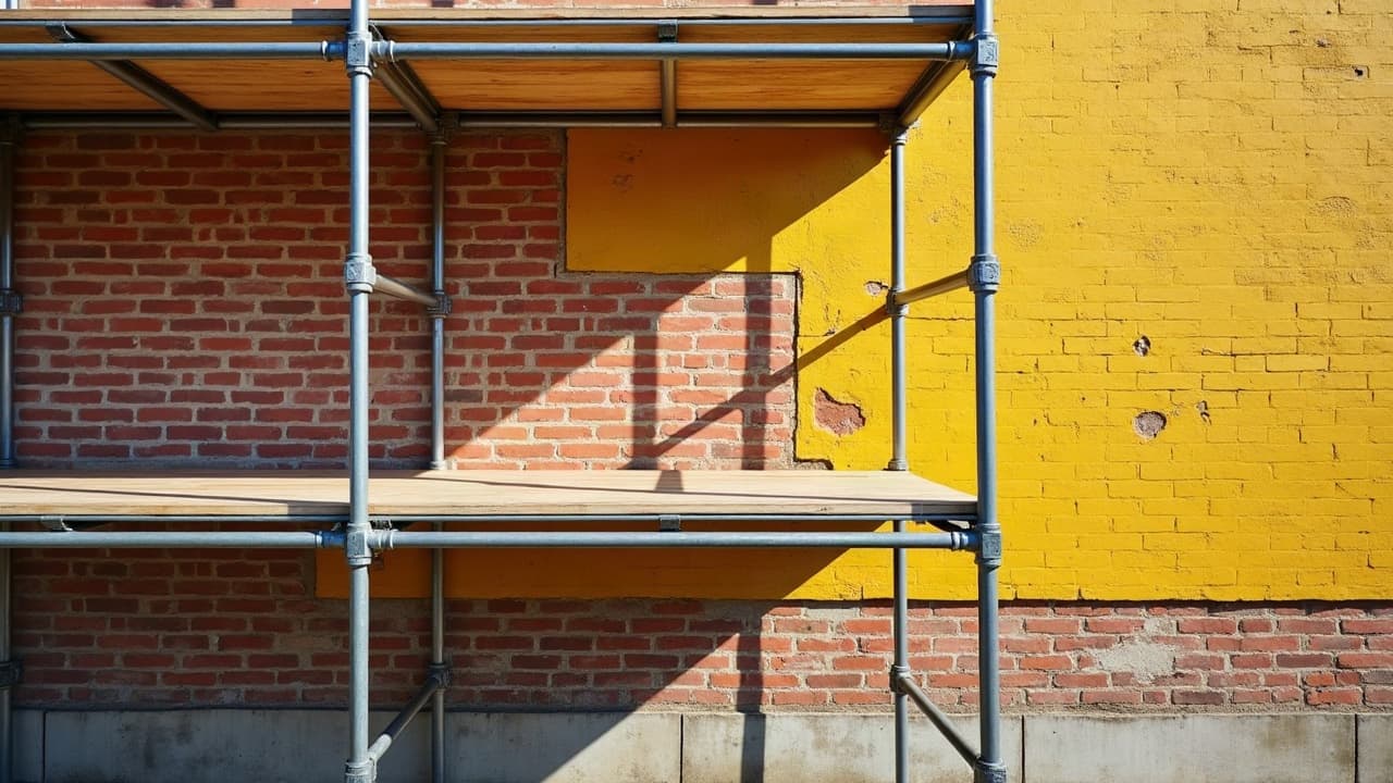 Échafaudage monté contre une façade en cours de préparation
