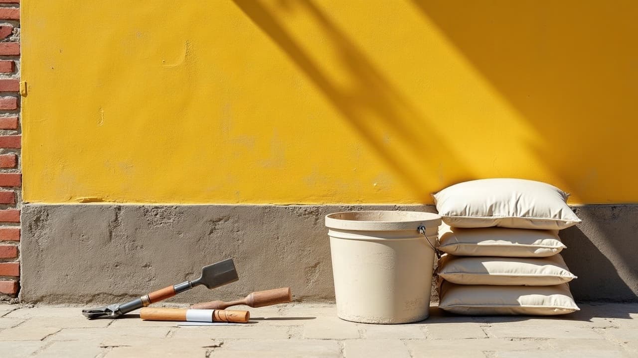 Outils de façadier et matériaux posés au sol devant un mur en cours de préparation