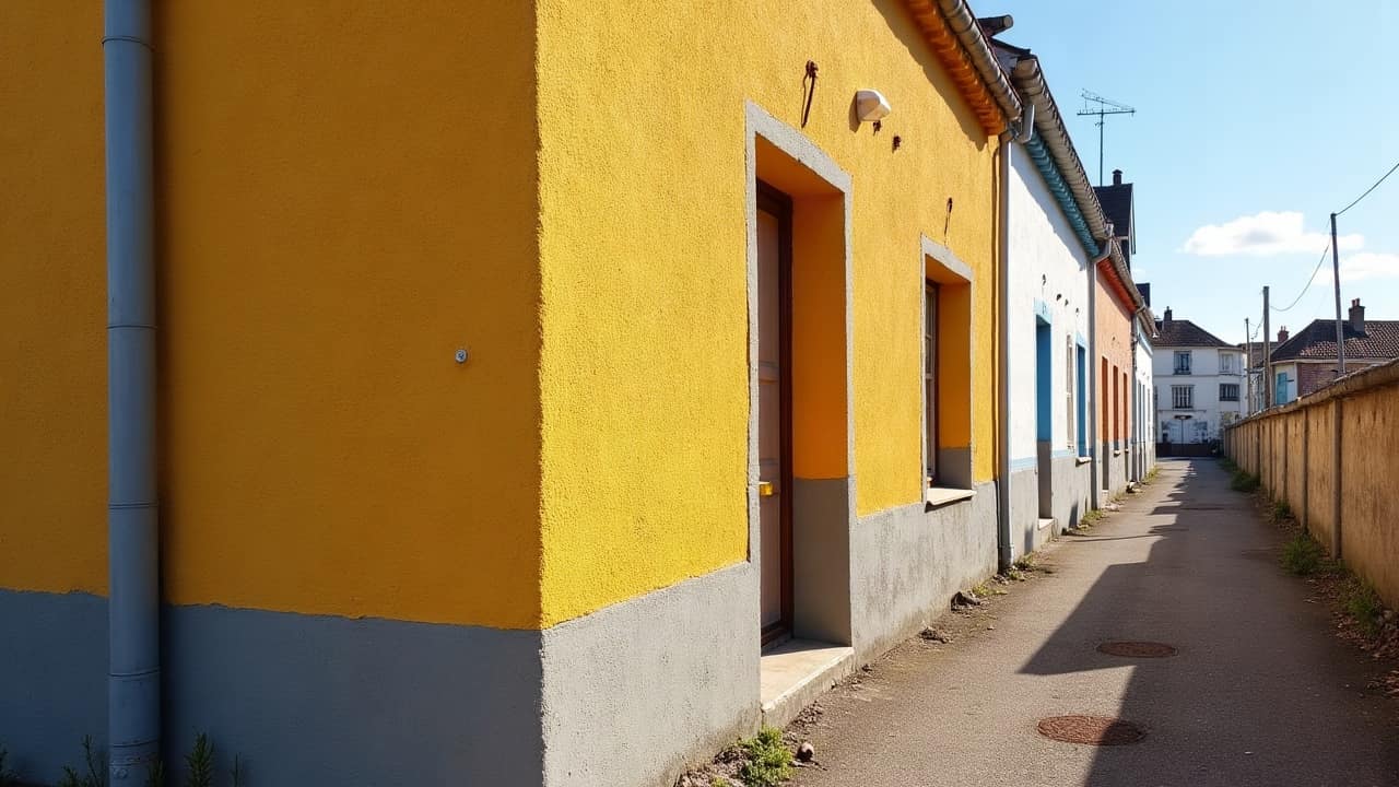 Mur enduit monocouche fini gratté, texture régulière en lumière rasante