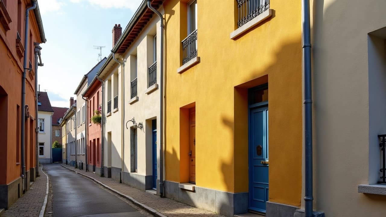 Façade enduite dans une rue étroite et abritée du centre de Calais, mur en bon état
