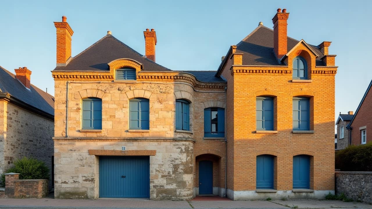 Façade de maison en bord de mer immédiat, mur brossé par le vent, ciel changeant à l'arrière-plan