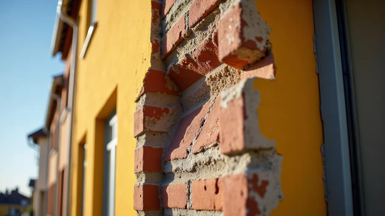 Fissure isolée traversant un enduit de façade, photographiée en lumière rasante