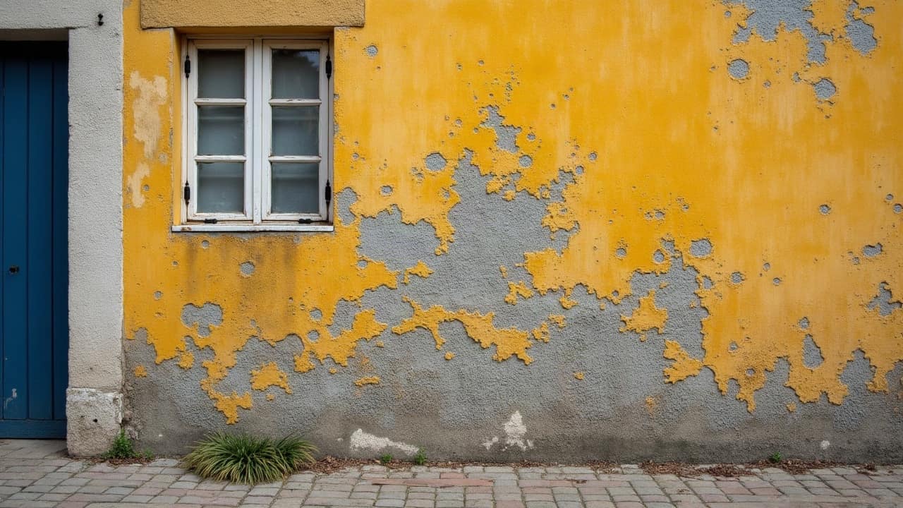 Gros plan sur des lichens gris-jaune incrustés sur un enduit ancien